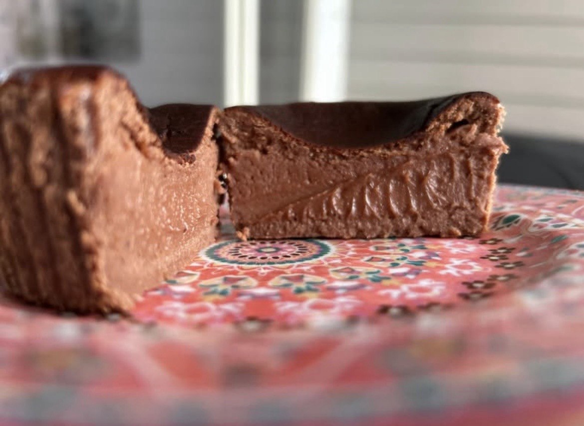 Chocolate Basque cheesecake slices with a dark burnt top